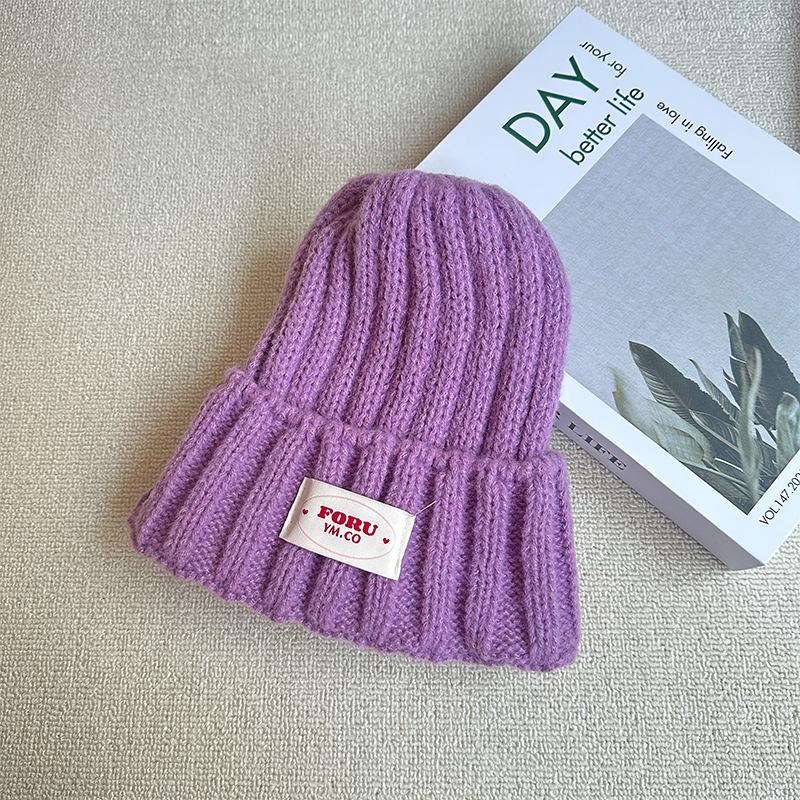 Knitted Woolen Hat Solid Color English Cloth Label Pullover Hat Autumn and Winter Warm Curled Casual Knitted Hat