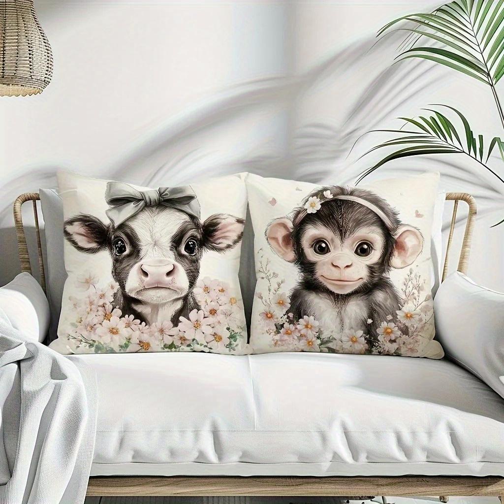 Cute Baby Farm Animal Throw Pillow Covers, Adorable Cow Rabbit Fox Monkey With Daisy Print Cushion Cases, Nursery Home Decor
