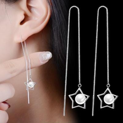 925 Silver Needle New Woman Jewelry Fashion Earrings High Quality Round Pearls Retro Pentagram Long Tassel