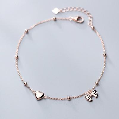 Silver 925 Heart Ball Chain 18K Rose Gold Silver Anklet A017