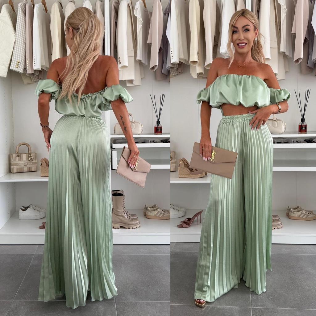 Elegant 25th Anniversary Strapless Pleated Long Pants Set In Solid Color