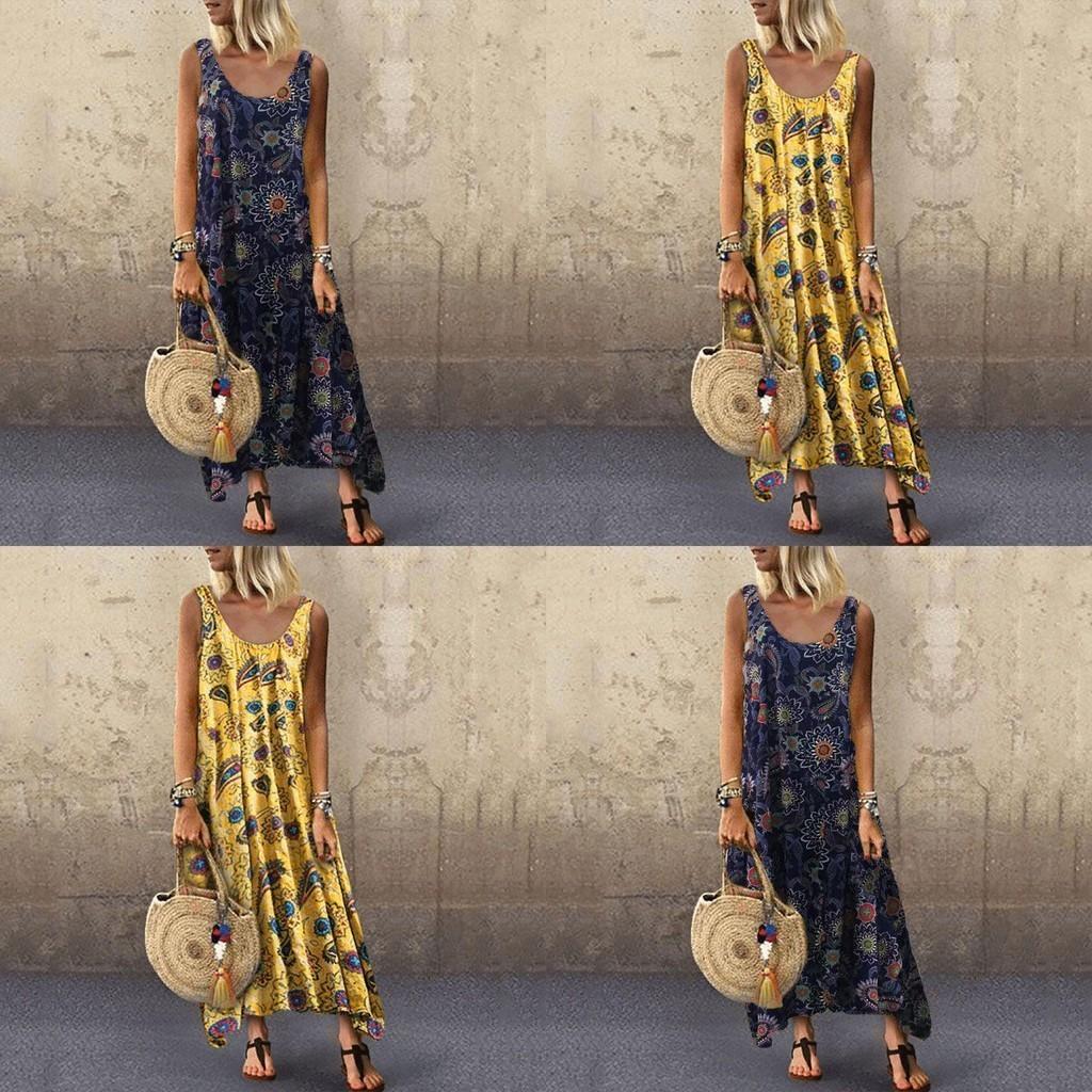 Elegant Womens Summer Sleeveless Holiday Long Boho Kaftan Tank Dress For Beach