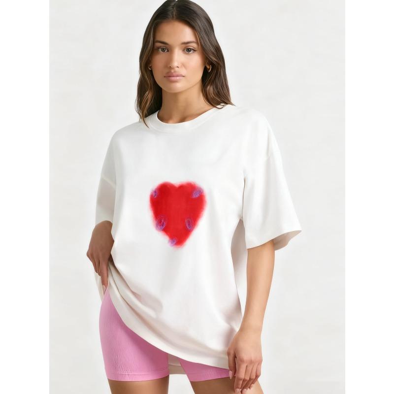Oversized T Shirt Black Red Heart Print Casual Streetwear Women Fashion Top Summer Outfit