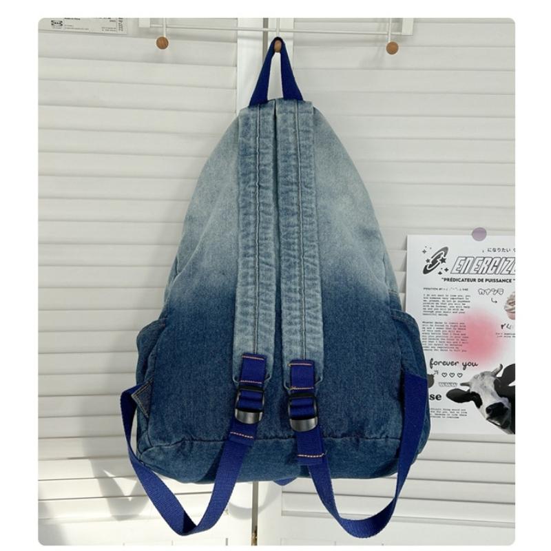 Gradientní džínový hvězdný batoh ve vintage stylu, unisex školní taška pro teenagery a vysokoškoláky, lehký prodyšný cestovní denní batoh