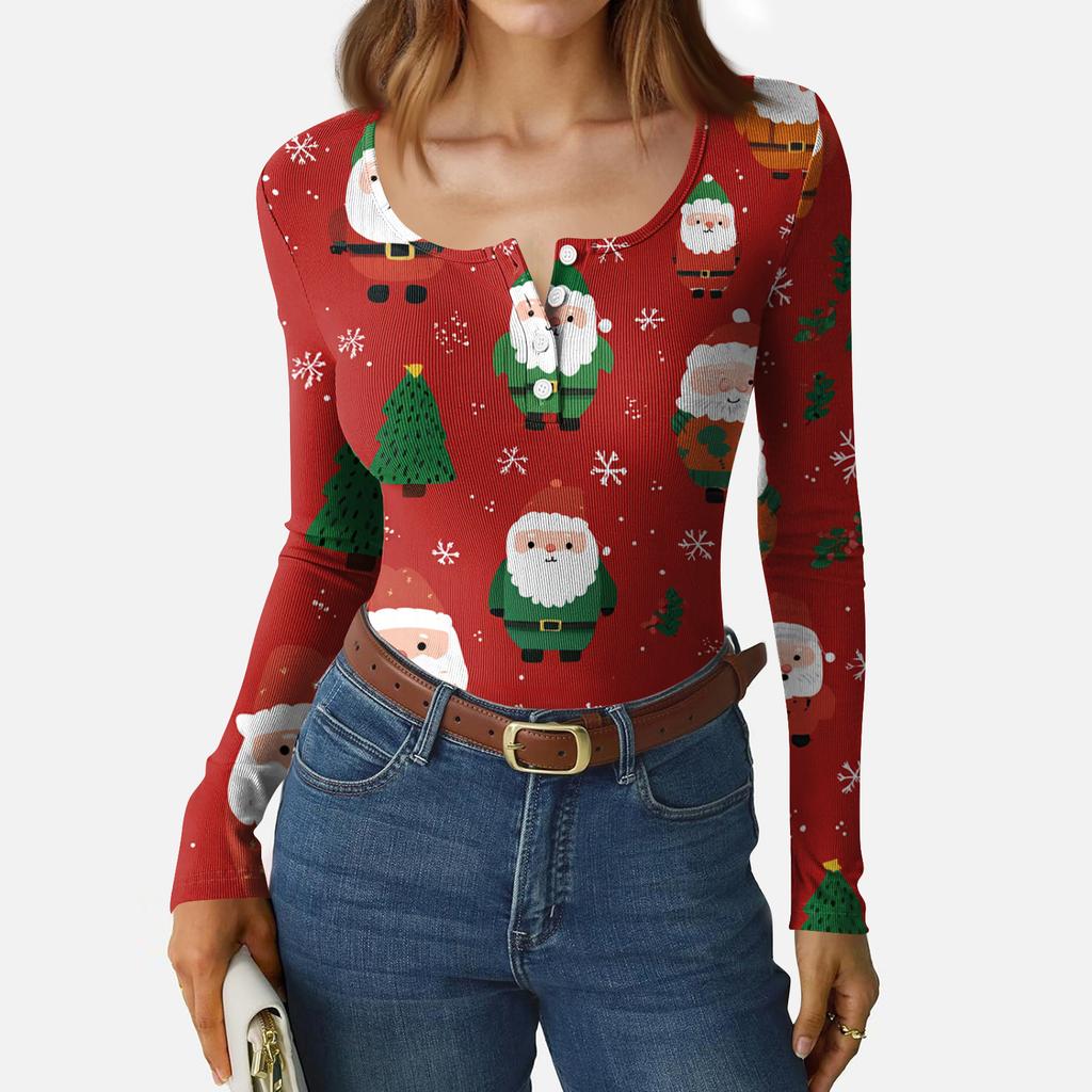 Women's Casual Fashion Christmas Print Button Long Sleeve Top