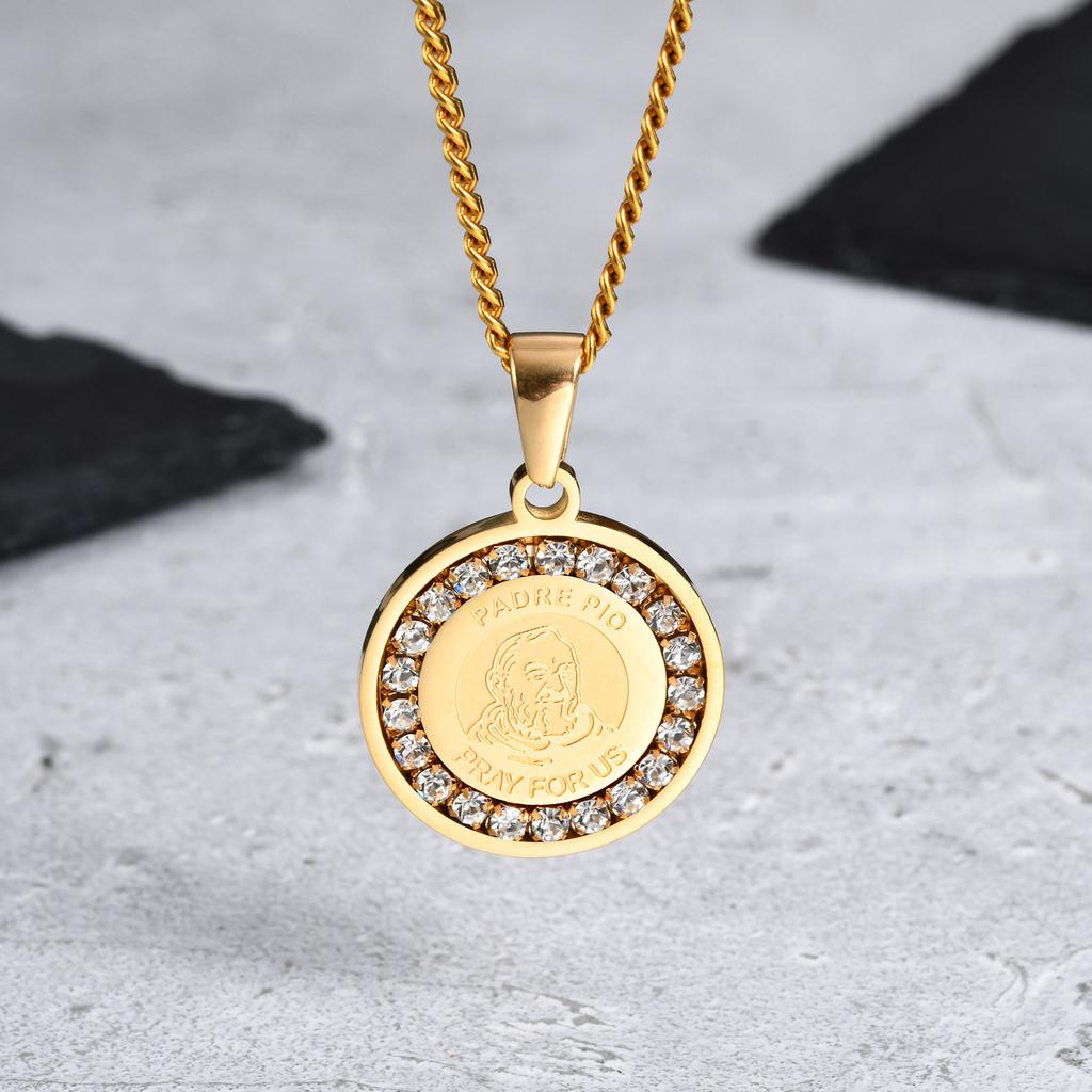 Bible Prayer Zircon Necklace for Men Boys,Stainless Steel Praying Hands Coin Pendant,Luxury Faith Jewelry Gift