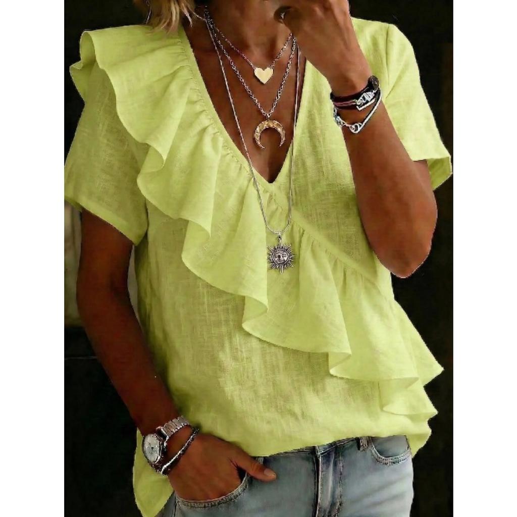 Damen Mode Kurzarm Top Einfarbige V-Ausschnitt Rüschen Europäischer Amerikanischer Stil Strandurlaub Bluse