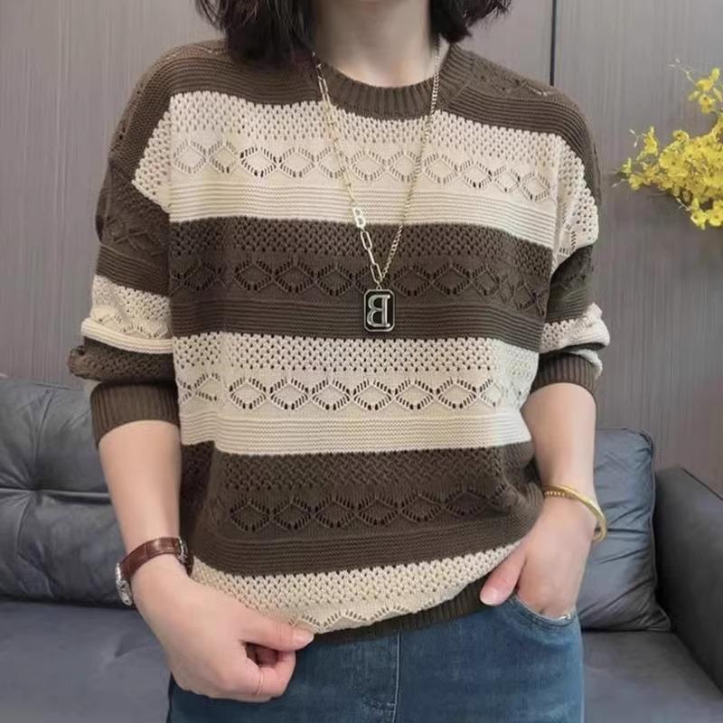 Striped Plus Size Long Sleeve Sweater Summer Women Fashion Knit Top Lace Up Design Versatile Mother Casual Blouse