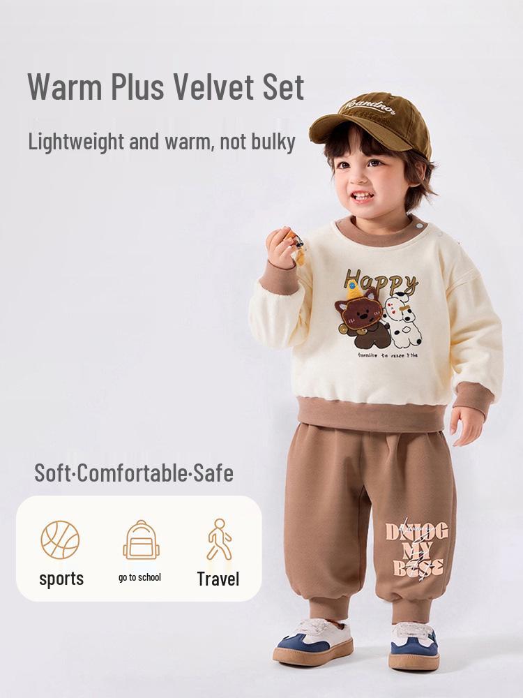Autumn Winter Plus Velvet Baby Hoodie Set - Warm, Thick, Sport Casual Outerwear