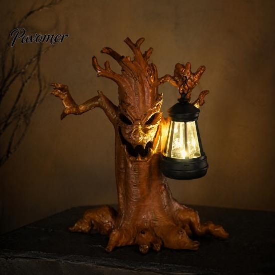 Wasserdichte Harz-Außenornamente Halloween Gruselige Baumstatue mit Solarlaterne, Gruselige Kreative Dryadenfigur Dekor Geisterfigur, Wetterfest