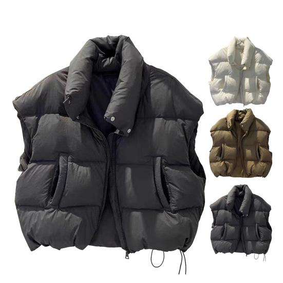 Women Down Vest Stand Collar Sleeveless Zipper Closure Winter Waistcoat with Pockets Solid Color Casual Loose Fit Short Jacket