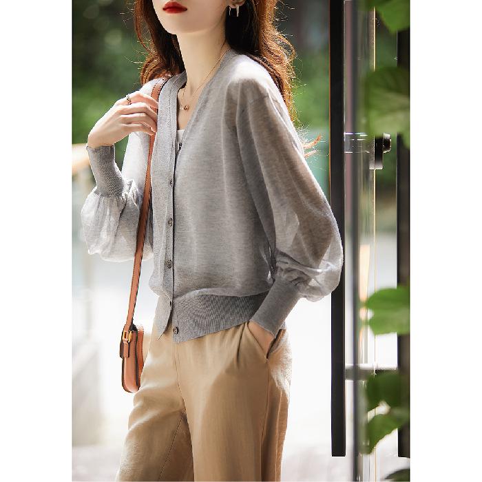 

Women’s Spring 2026 V-neck Lightweight Knit Cardigan - Korean Style, Breathable, Long Sleeve One Size серый