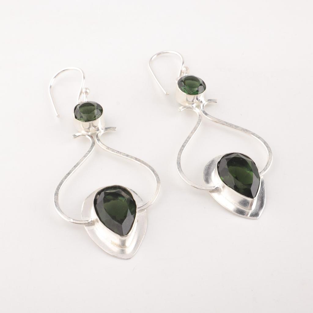 Natural Green Tourmaline Gemstone 925 Sterling Silver Handcrafted Earrings 2.07" EE-170-8