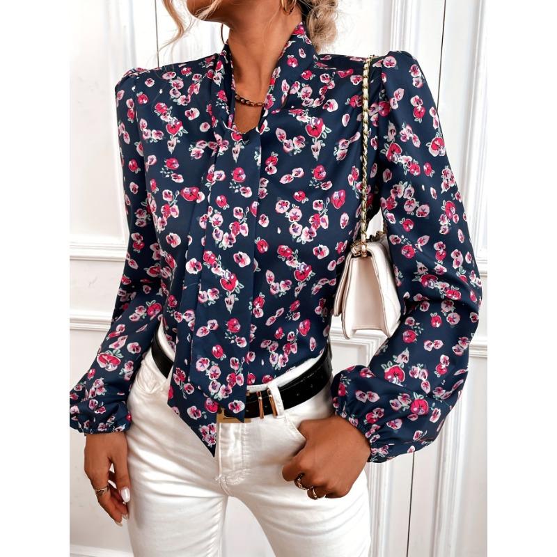 Floral Print Tie Front Blouse, Elegant Long Sleeve Blouse For Spring & Fall, Women's Clothing