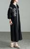 Plus Size Long Sleeved Embroidered Floral Keyhole Button Indian Black [Gold Japan] Women's Dress, Neck, Flared, Closure, Stretchable, Cotton, Summer,