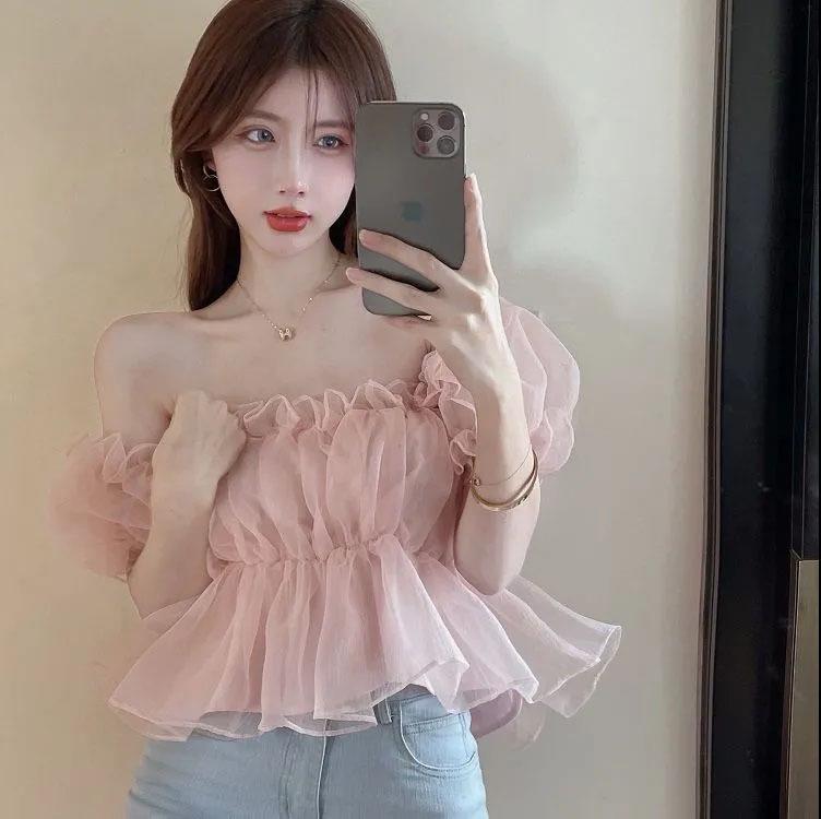 2025 Summer Women's Off-Shoulder Square Neck Puff Sleeve Top - Slim Fit Trend
