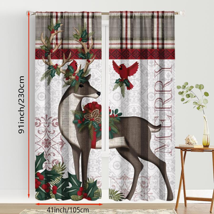 2PCS Digital Print Christmas Curtains, Plaid Reindeer Cardinal Holly Border, Rustic Country Window Drapes for Holiday Home Decor