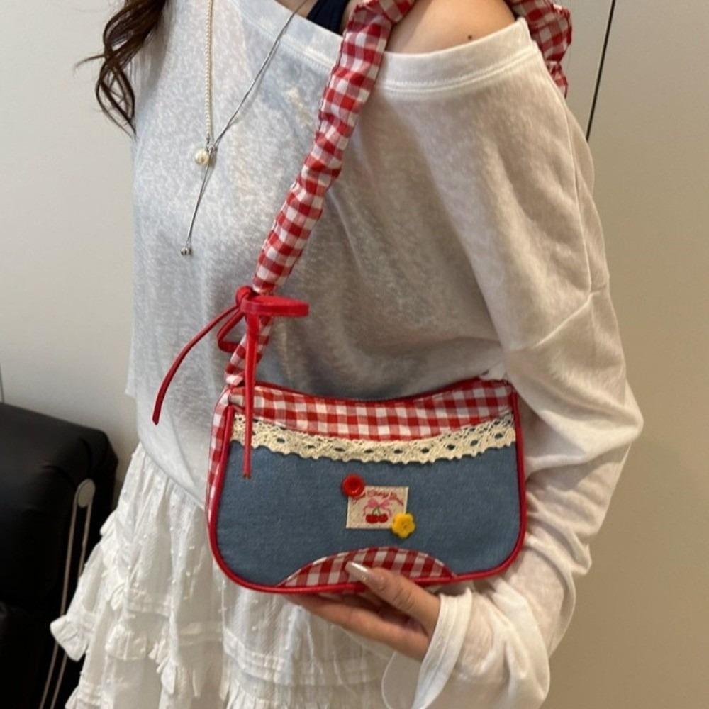 Plaid Denim Underarm Bag Rural Style Crossbody Bag Lovely Lattice Shoulder Bag  Women