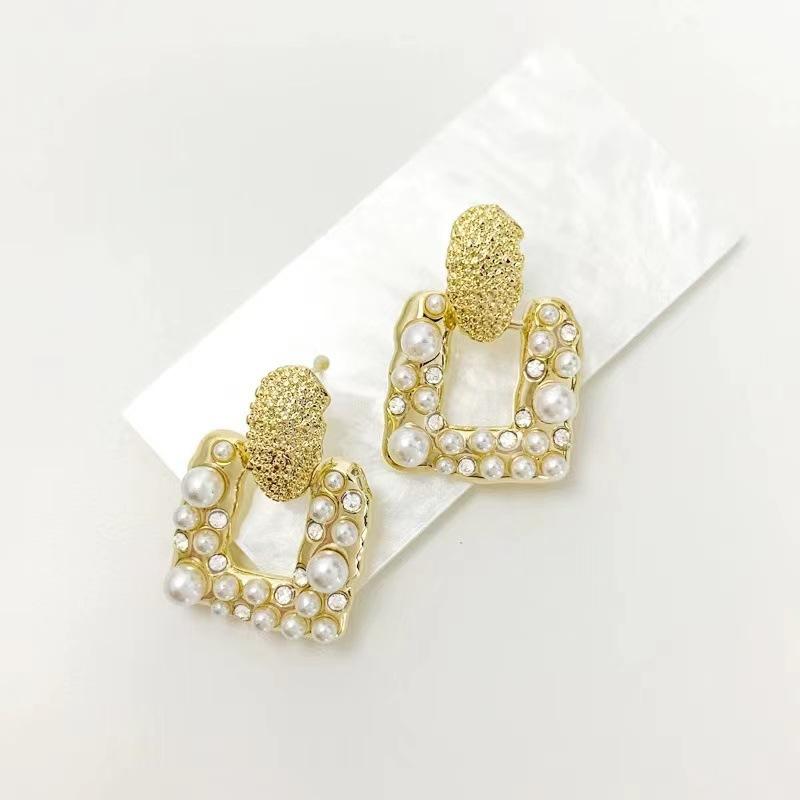 Géométrie Carré Cristal Complet Perle d'Imitation Goutte Boucle d'Oreille pour Femmes Tempérament Doux Tempérament Accessoire de Bijouterie Créative