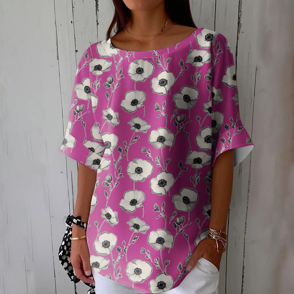 Women's Fashionable Casual Round Neck Printed Top Loose Top Printed Top Loose Top