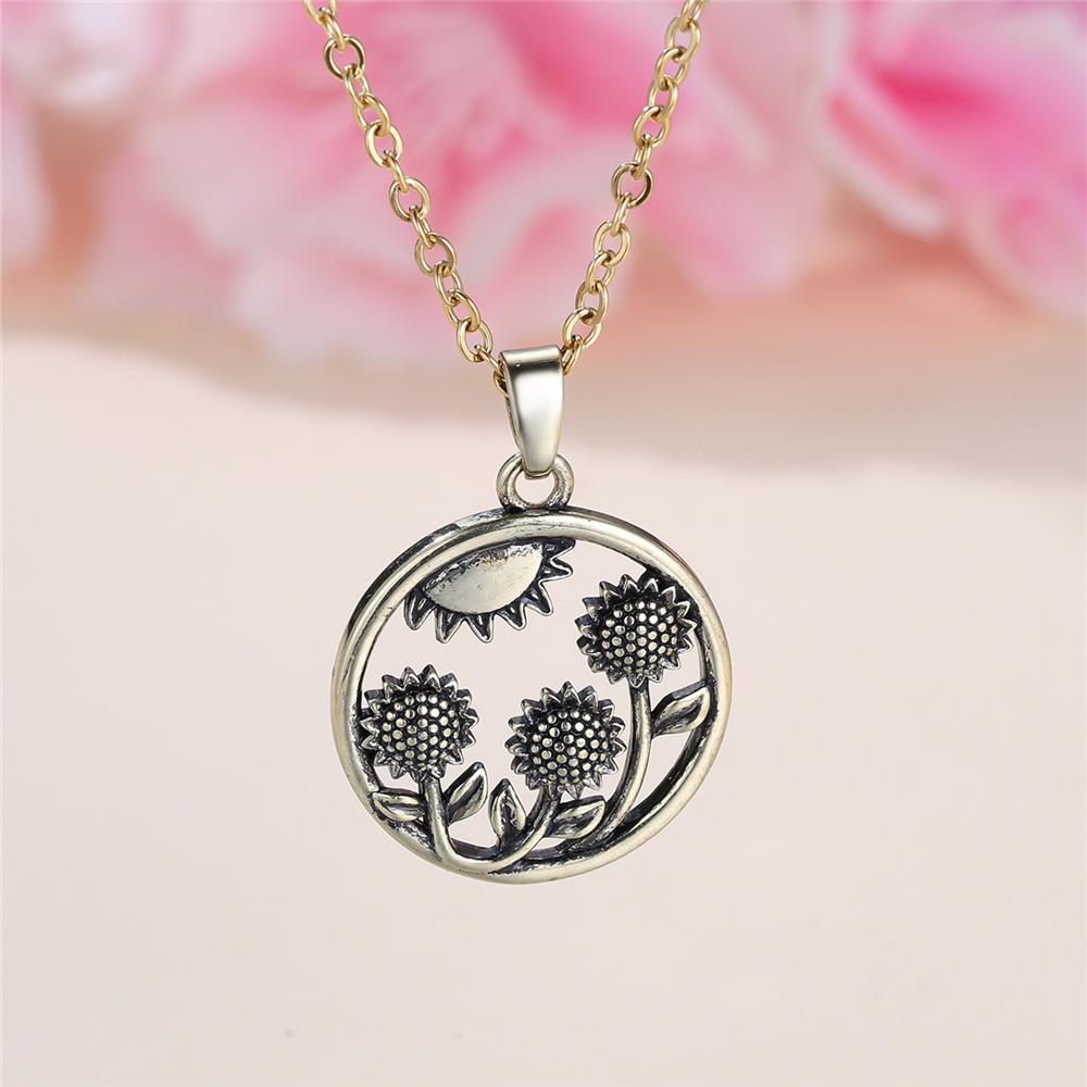 Female Round Stone Sunflower Pendant Necklace Vintage Gold Color Wedding Jewelry For Women
