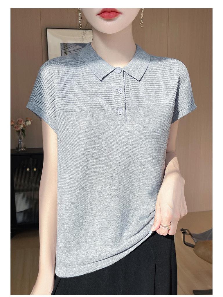 Women's Polo Collar Wool Knit Short Sleeve Casual T-Shirt for Spring/Summer