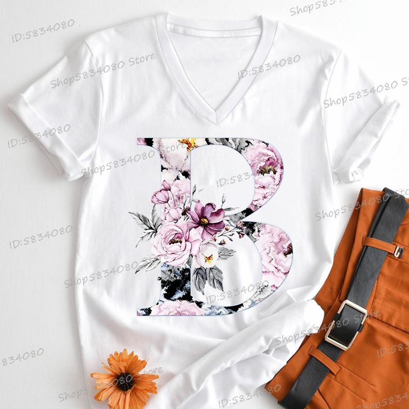 Watercolor Letter C Print Women Vneck Tshirts 26 Initials Flower Retro Classic Tops Alphabet Floral Womens Birthday Gift Tees