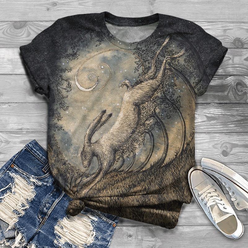 Summer New Urban Women's Casual Round Neck 3D Printed Short Sleeved Loose Retro T-shirt