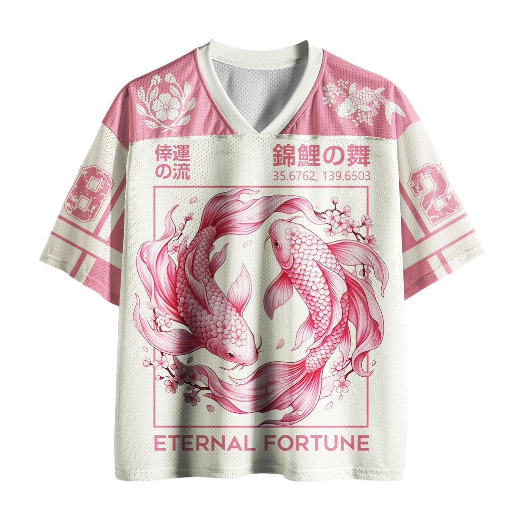 2026 New Sports Short Sleeved Shirt, V-neck Short Sleeved T-shirt, Sports Fashion Koi Fish Graphic Tee, 3D Printed Quick Drying Fun Mesh Jersey