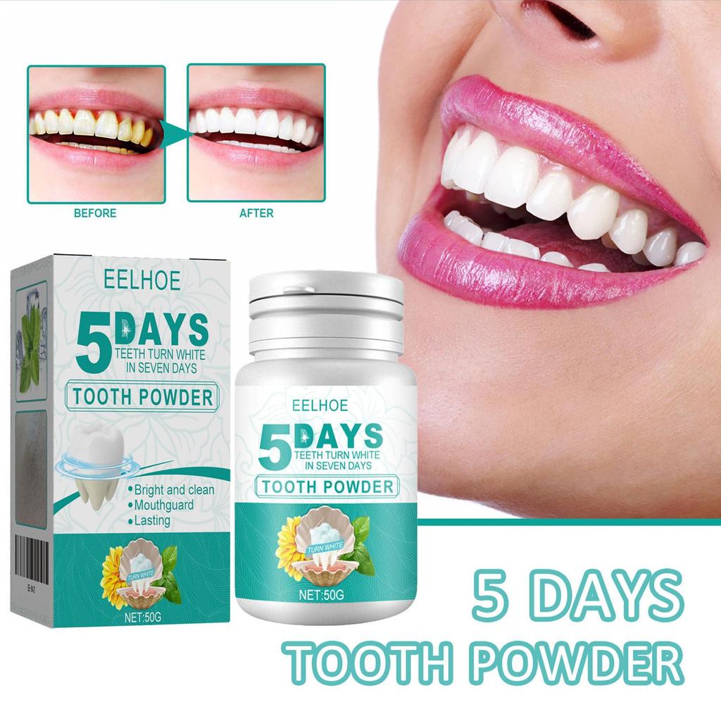 EELHOE Polvere Bianca per Denti 5 Giorni Rimuovi Placca Tartaro Pulisci Macchie Gialle dei Denti Polvere Pulizia Denti Alito Fresco 50g