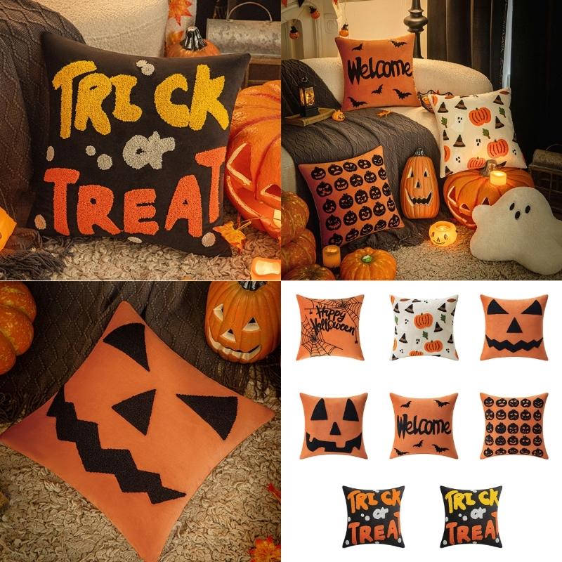 Sturdy Polyester Halloweens Throw Pillowcase With Closure Seasonal Embroidery Sofa Bedroom
