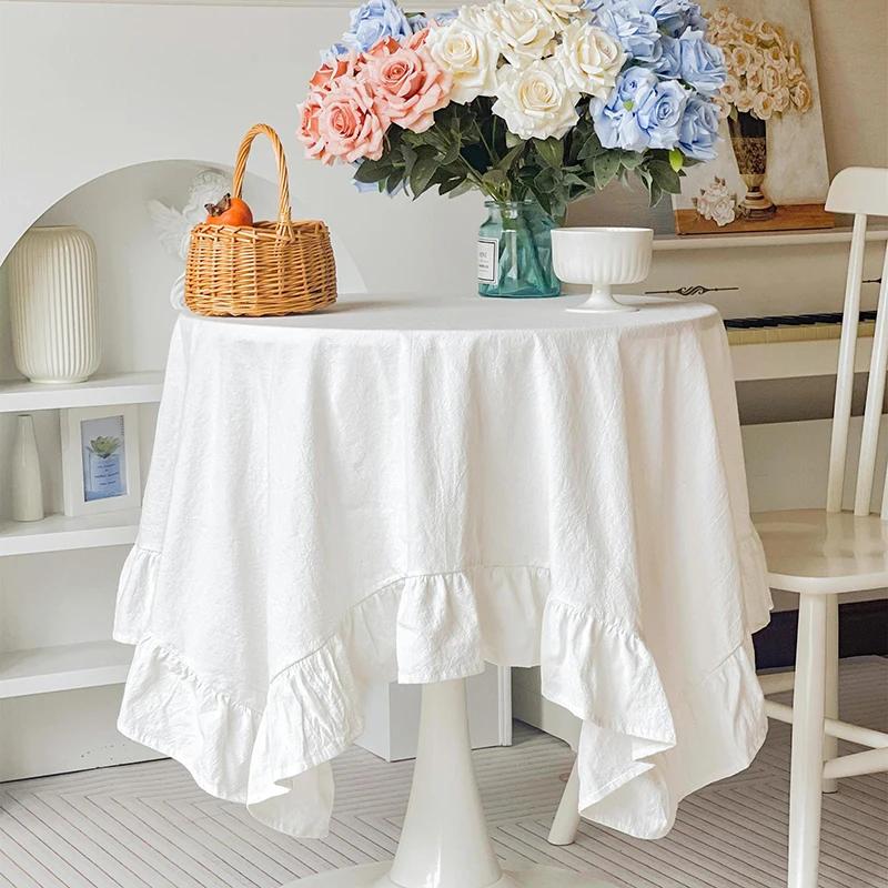 White Round Table Cloths Retro Farmhouse Washable Fabric Table Covers For Restaurant Kitchen Wedding Party Christmas Decorations