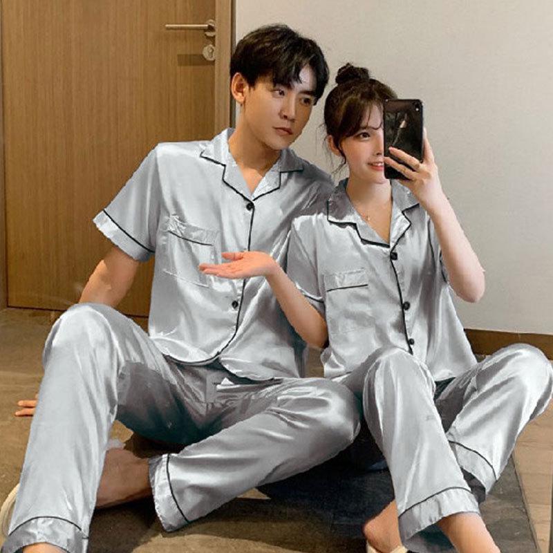 Paar Pyjama Set: Damen Eis-Seide Sommer & Herren Imitationsseide Langarm Homewear