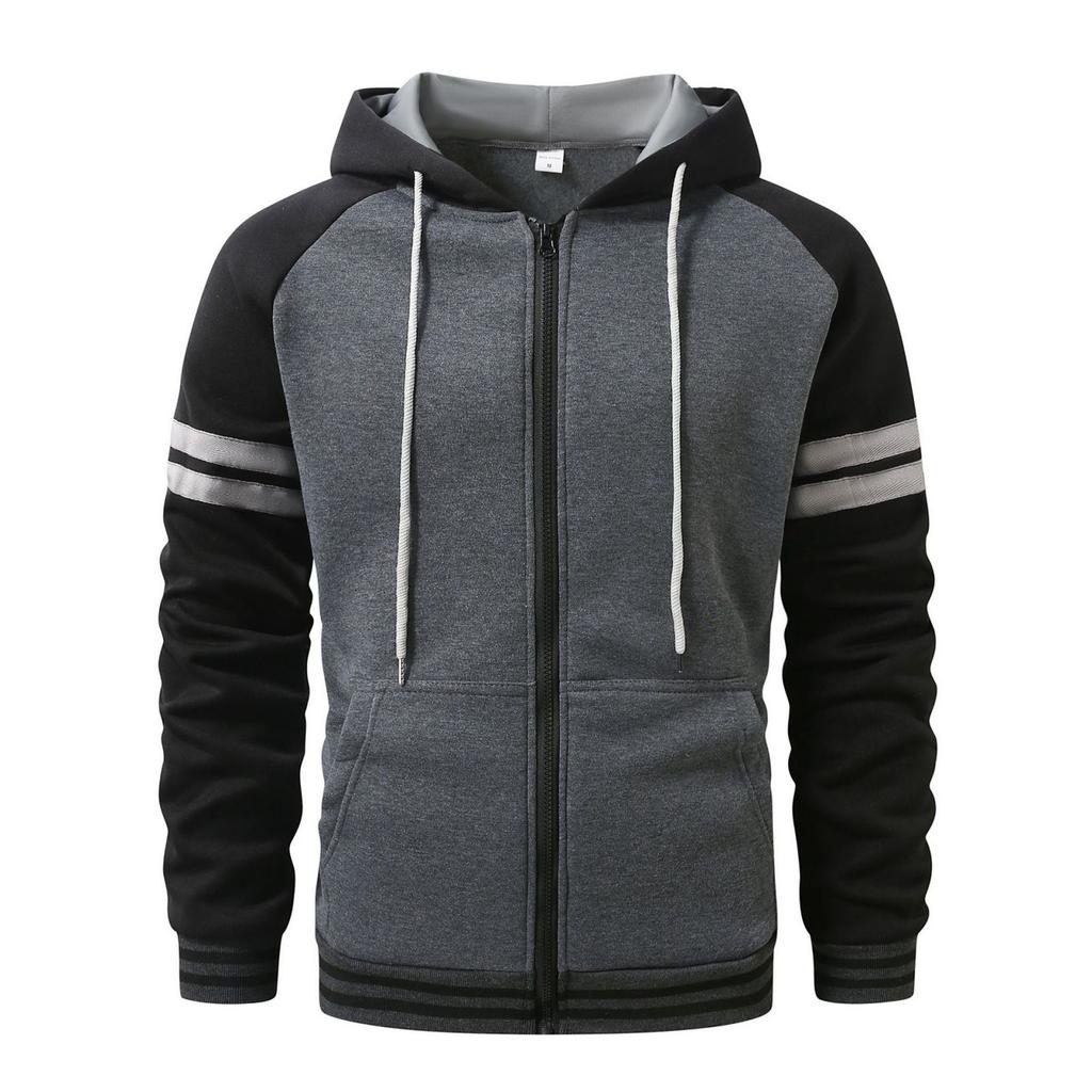 Mens Full Zip Hoodies Striped Color Block Casual Hooded Sweatshirts With Pockets Fashion Patchwork Jackets Outwear
