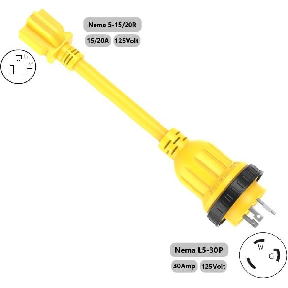1FT 30-Amp to 15-Amp Marine-Shore Power-Adapter NEMA L5-30P to 5-15/20R,10AWG 30Amp to 20Amp T Blade Marine Adapter Plug,Twist Lock 125V 30A to 20A/