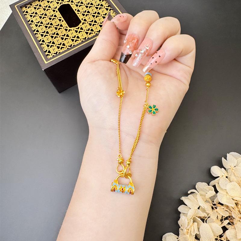 

Luxury 24K 9999 Pure Gold Gold Shop with Vintage Flower Lock Bell Women s Necklace золотой