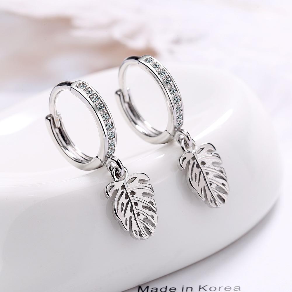 Quality Korean Rhinestone Leaf Hoop Earrings - Zirconia Inlaid Light Luxury