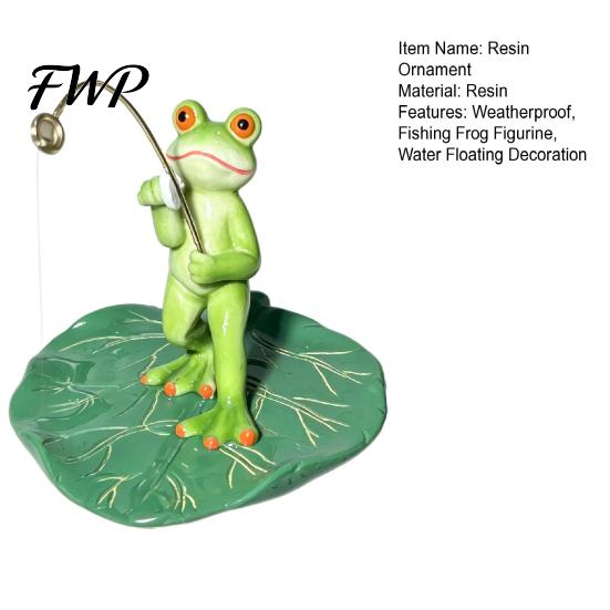 Pond Water Surface Decor Floating Frog Statue, Lotus Leaf Fishing Figurine, Cute Resin Miniature Statue Ornament for Fish Tank Aquarium Garden