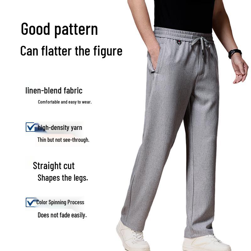 Kangbo Men's Linen Blend Straight-Leg Elastic Waist Casual Pants