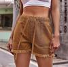 Women's Solid Color Elastic Waist Drawstring Casual High Waist Denim Shorts With Pockets