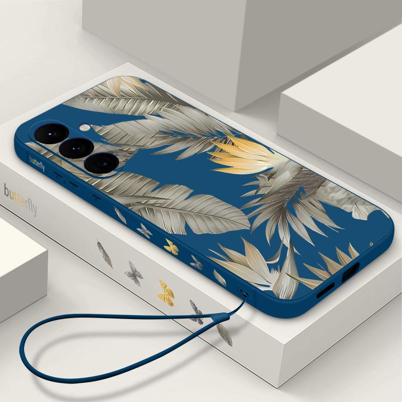Luxury Golden Leaves Texture Soft Cover For Samsung Galaxy A56 A17 A26 A16 A36 A55 A54 A53 A15 S24 S25 FE S25 S22 S23 Ultra Plus Lanyard Soft Cover
