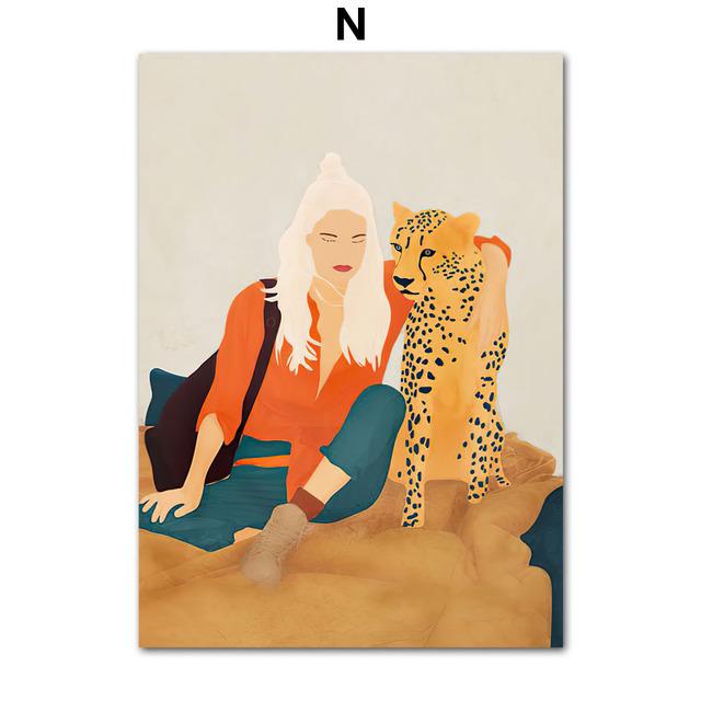 Books Illustration Tropical Monstera Girl Cheetah Boho Wall Art Canvas Painting Poster and Prints Pictures for Living Room Decor