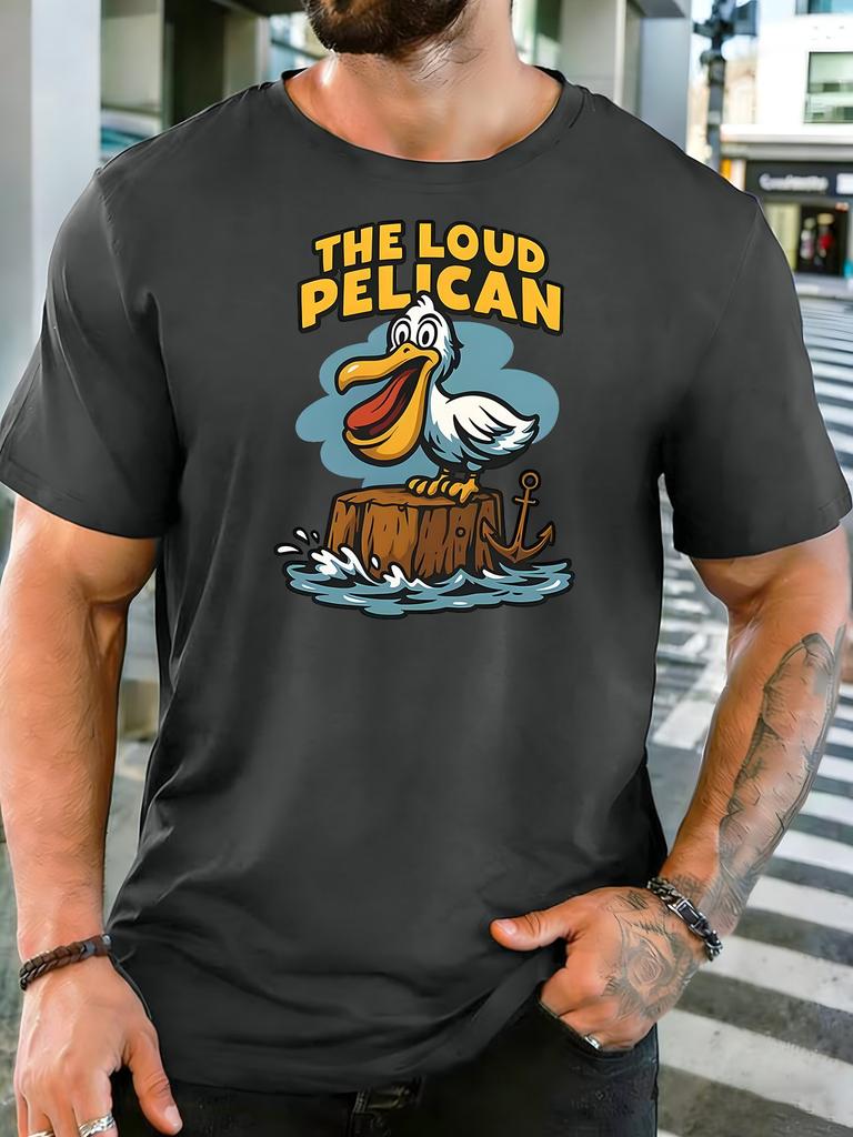 Unisex Olive Green Crew Neck Tee The Loud Pelican Cartoon Bird Stump Anchor Wave Retro Coastal Bird Lover Soft Cotton Casual Top