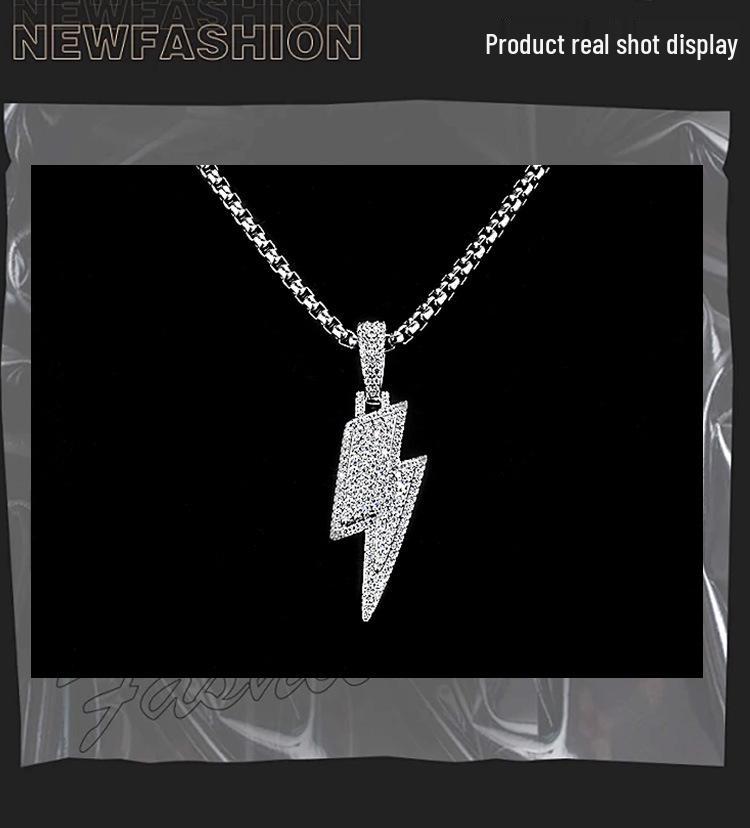 Trendy Silver Hip-Hop Lightning Pendant Necklace with Zircon for Men and Women