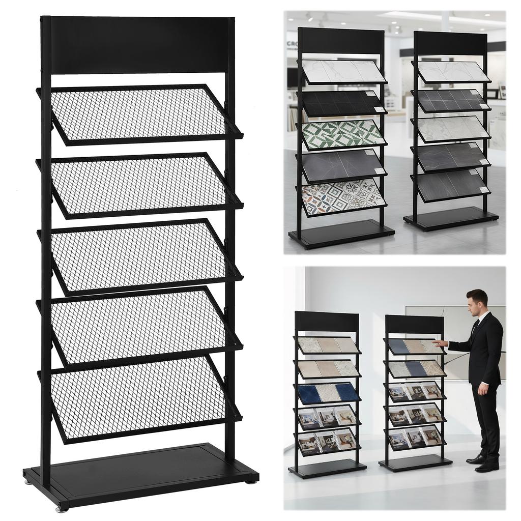 5 Tier Metal Floor Standing Tile Display Holder, Porcelain Display Stand Ceramic Tiles Sample Display Rack With Wheels