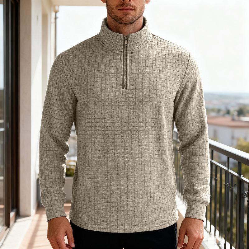 Solid-colour Half-zip Turtleneck Jumper with Small Check Jacquard Pattern
