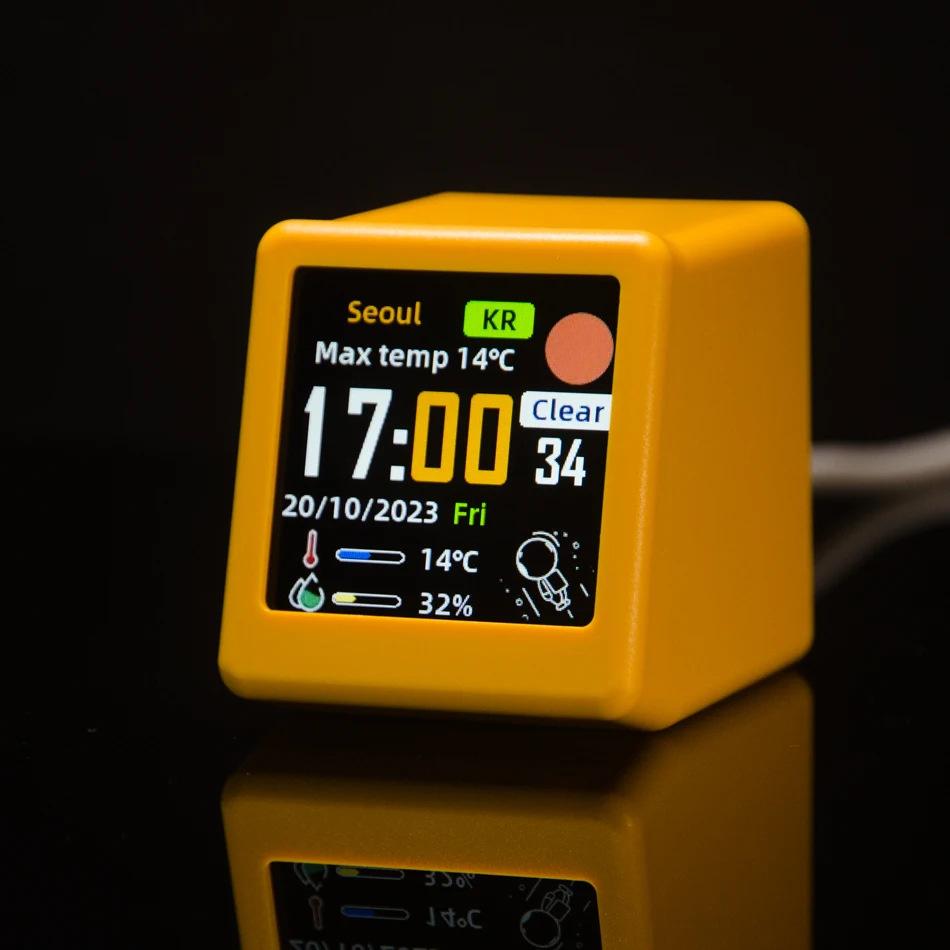 

1 шт., маленькая портативная смарт-метеостанция Wi-Fi, дисплей погоды, температуры, влажности, времени, будильник, украшение рабочего стола для дома жёлтый