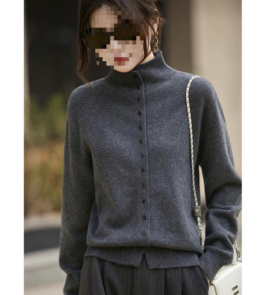 2025 French Style Grey Slimming Half-High Collar Knit Cardigan