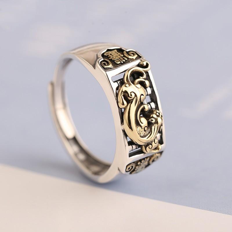 Adjustable Open Ring Men Women Sterling Geometric Lucky Pixiu Pendant Vintage Chinese Style Adjustable Open Band