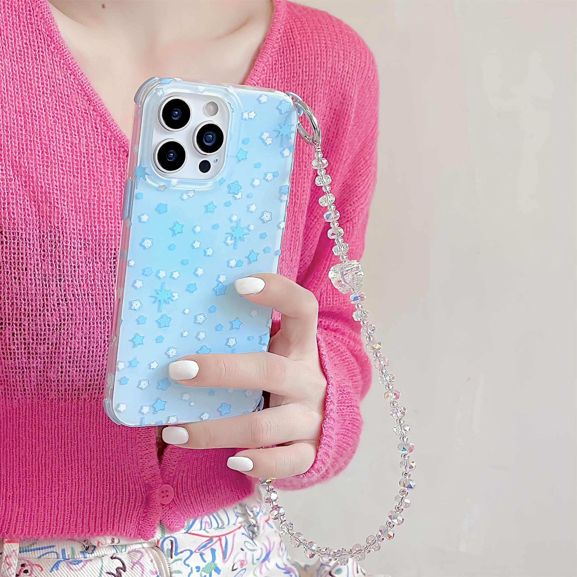 

For iPhone 15 Pro Case IMD Star Design TPU Phone Cover with Beaded Strap Pink